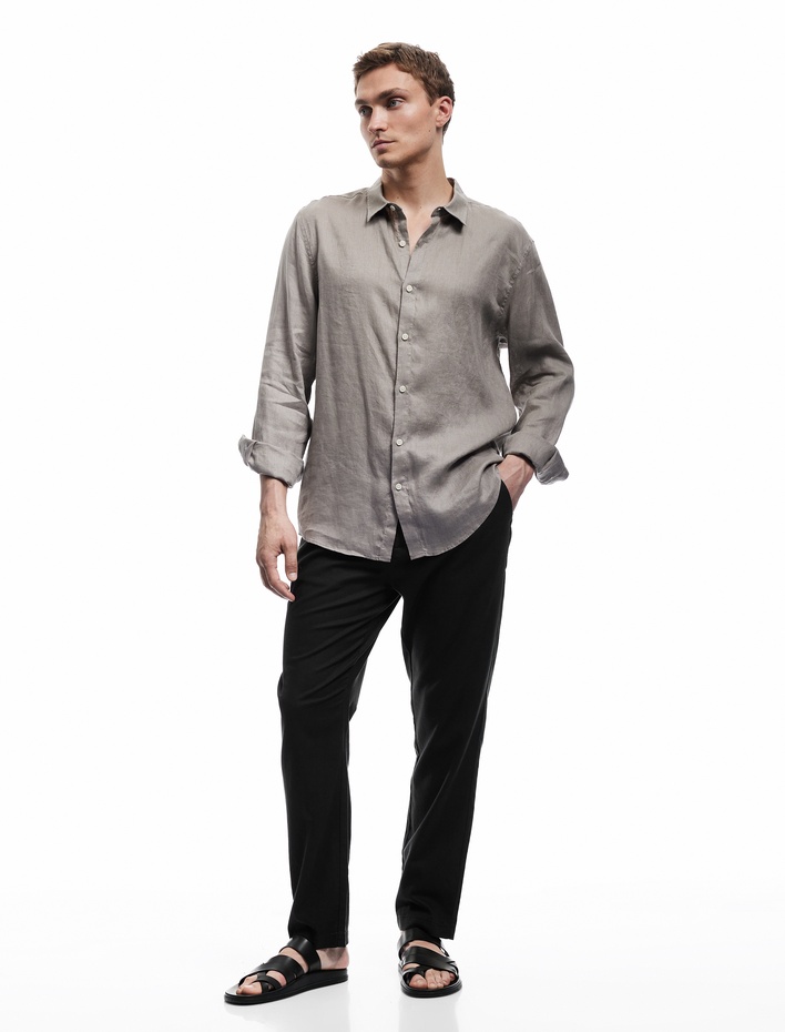  Beli Bağcıklı Cep Detaylı Düğmeli Pileli Keten Pamuk Karışımlı Chino Pantolon