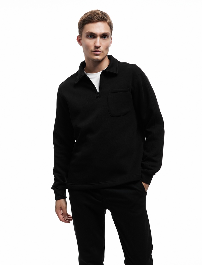 Şardonlu Cep Detaylı Uzun Kollu Yarım Fermuarlı Polo Yaka Sweatshirt