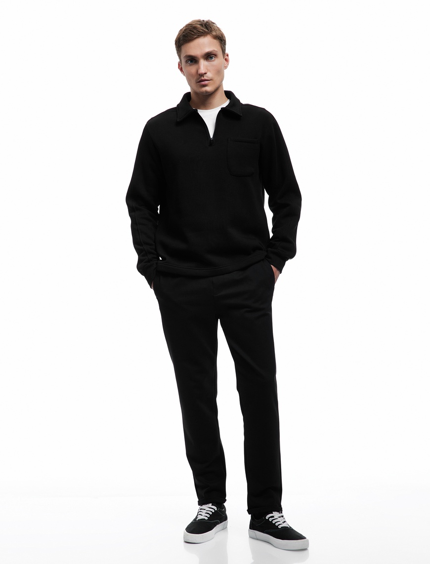   Şardonlu Cep Detaylı Uzun Kollu Yarım Fermuarlı Polo Yaka Sweatshirt