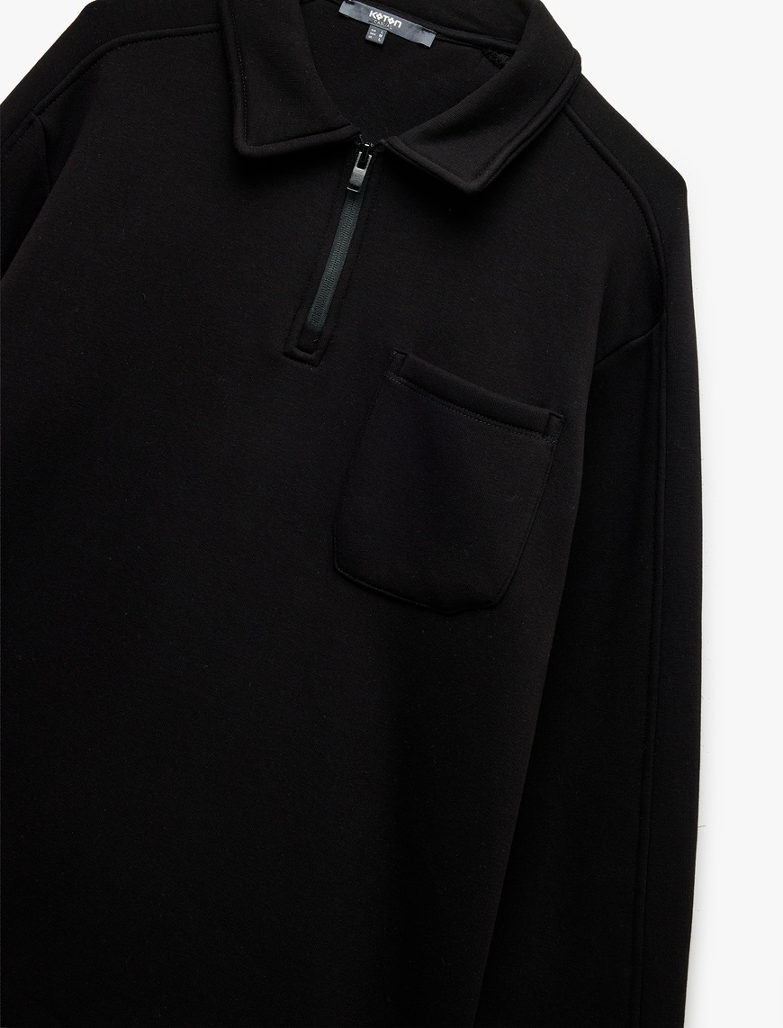   Şardonlu Cep Detaylı Uzun Kollu Yarım Fermuarlı Polo Yaka Sweatshirt