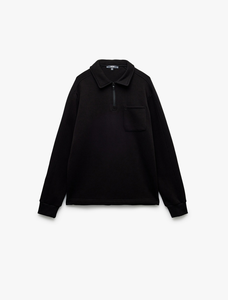   Şardonlu Cep Detaylı Uzun Kollu Yarım Fermuarlı Polo Yaka Sweatshirt