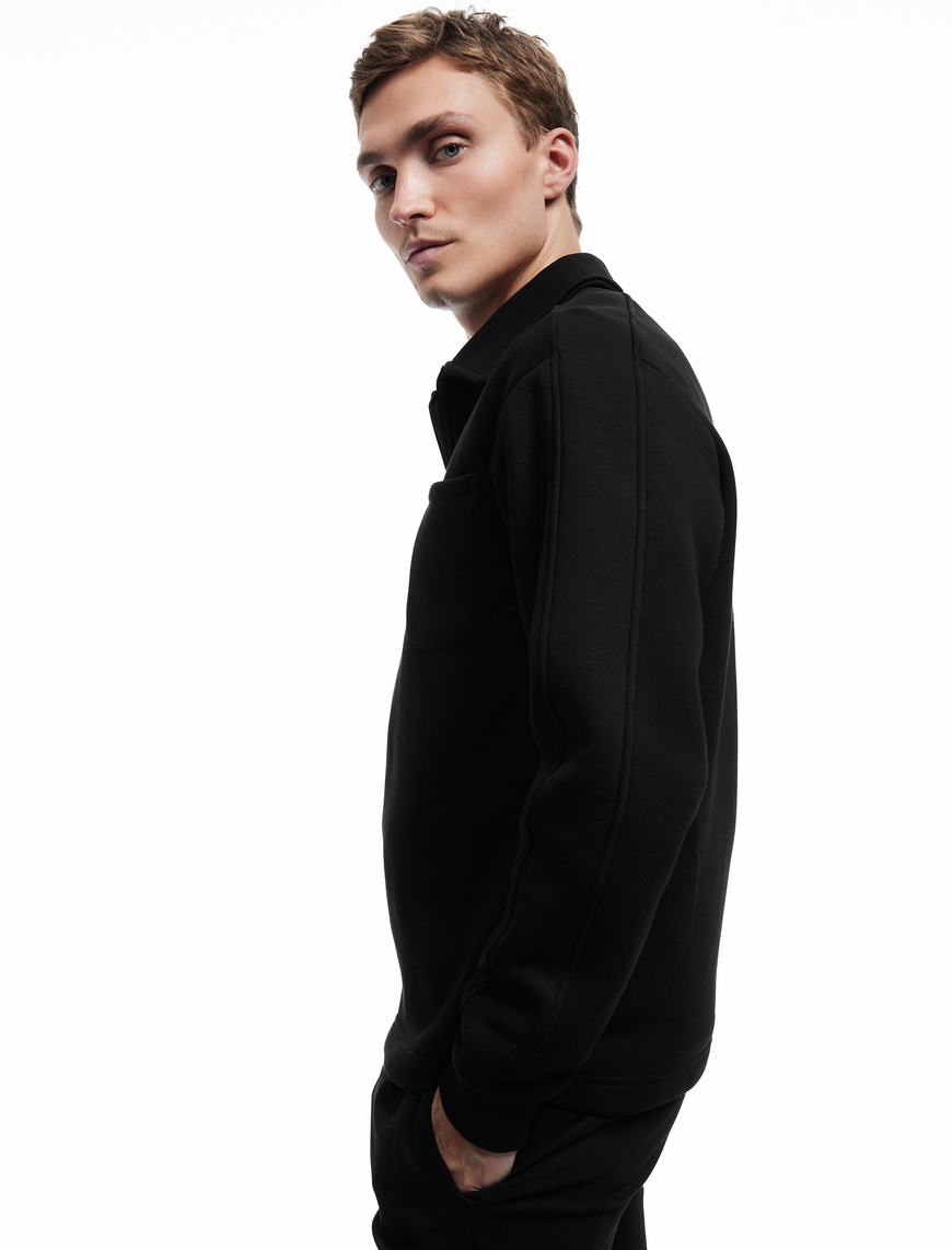   Şardonlu Cep Detaylı Uzun Kollu Yarım Fermuarlı Polo Yaka Sweatshirt