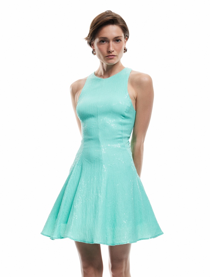  Slim Fit Astarlı Kolsuz Pullu Payetli Halter Yaka Mini Elbise