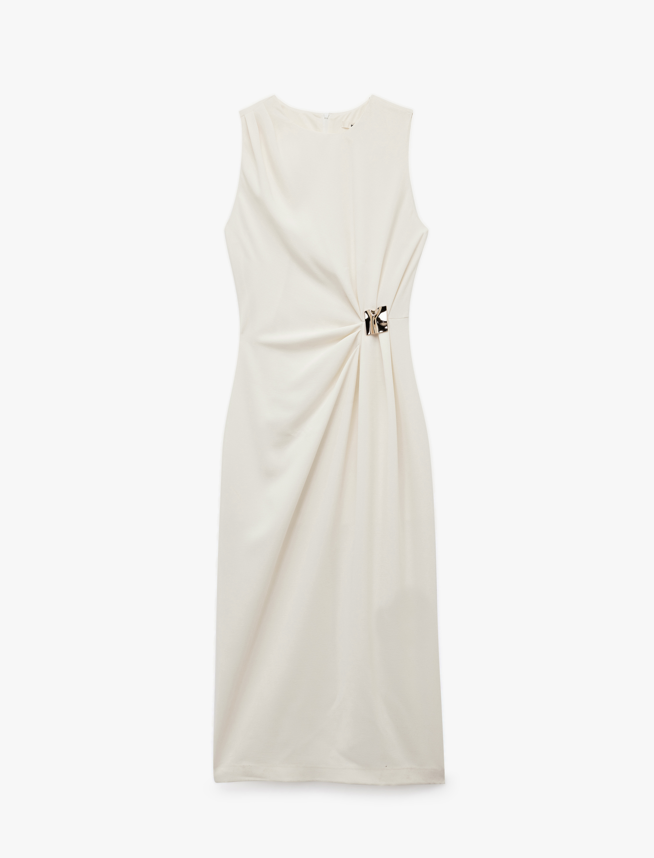   Aksesuar Detaylı Drapeli Kolsuz Bisiklet Yaka Midi Elbise