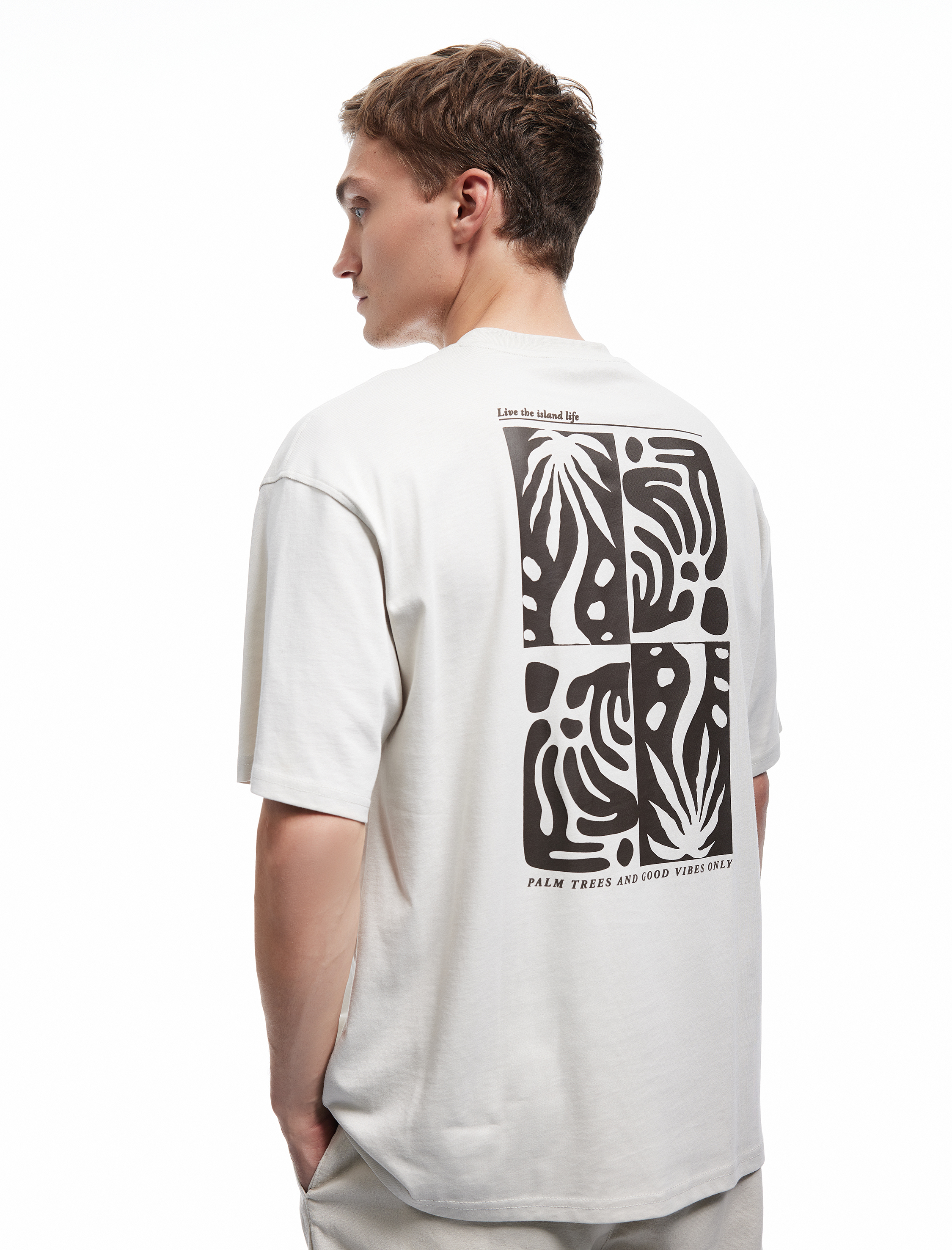   Kısa Kollu Bisiklet Yaka Pamuklu Oversize Arkası Baskılı Tişört