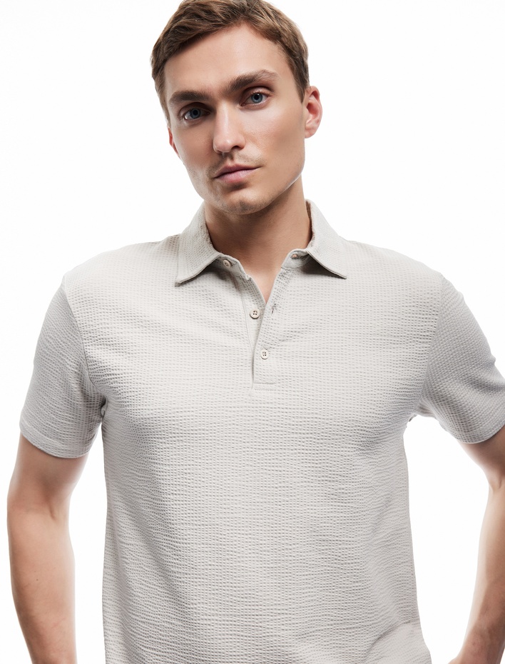  Kısa Kollu Pamuklu Regular Fit Dokulu Polo Yaka Tişört