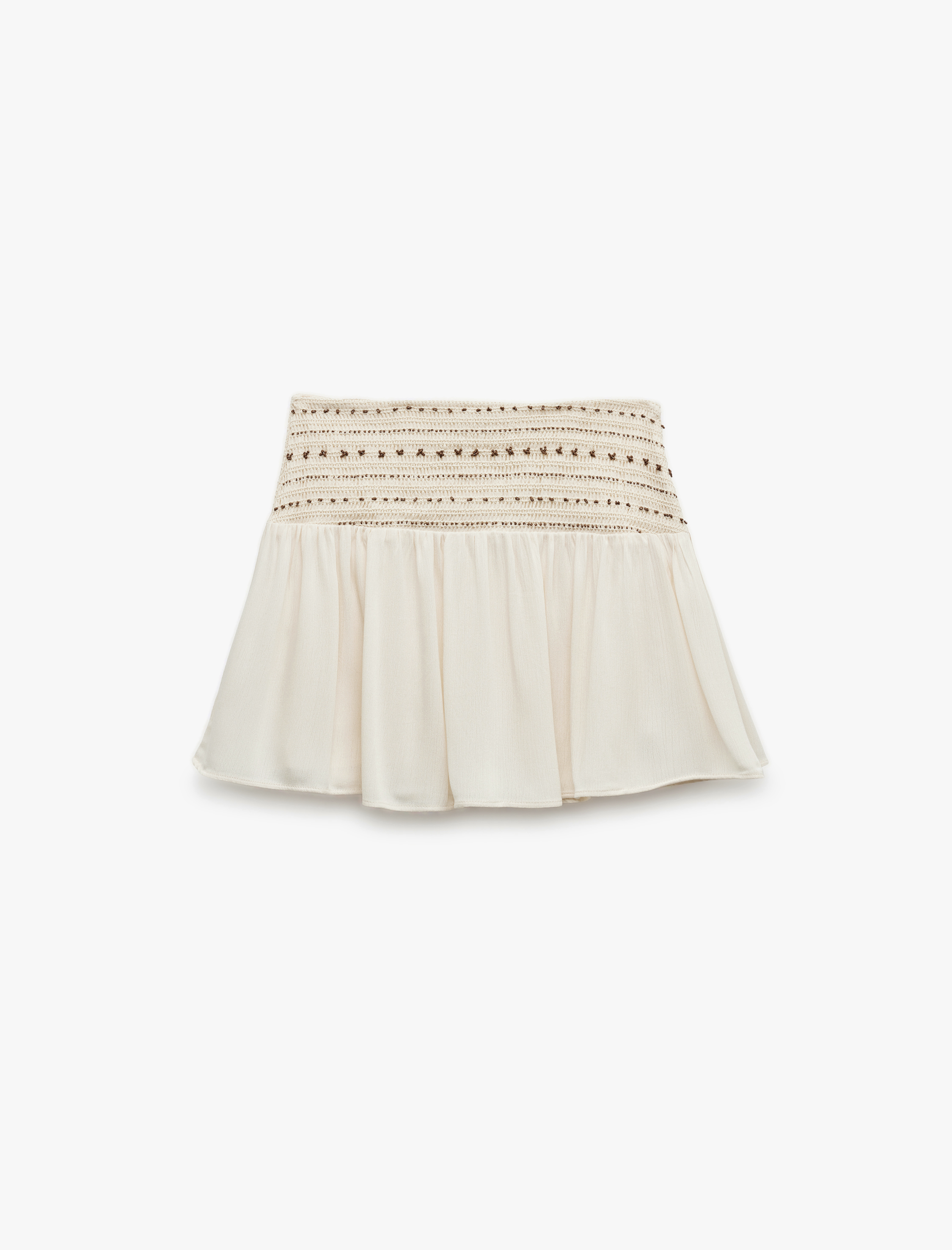   Viskon Kumaş Kroşe Detaylı Boncuk İşlemeli Mini Kloş Etek