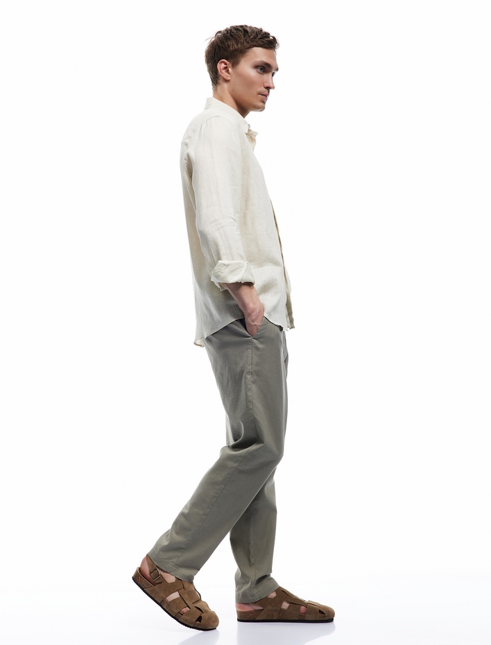  Beli Bağcıklı Cep Detaylı Düğmeli Pileli Keten Pamuk Karışımlı Chino Pantolon