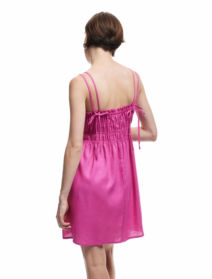  Gipeli İnce Askılı Mini Viskon Keten Elbise