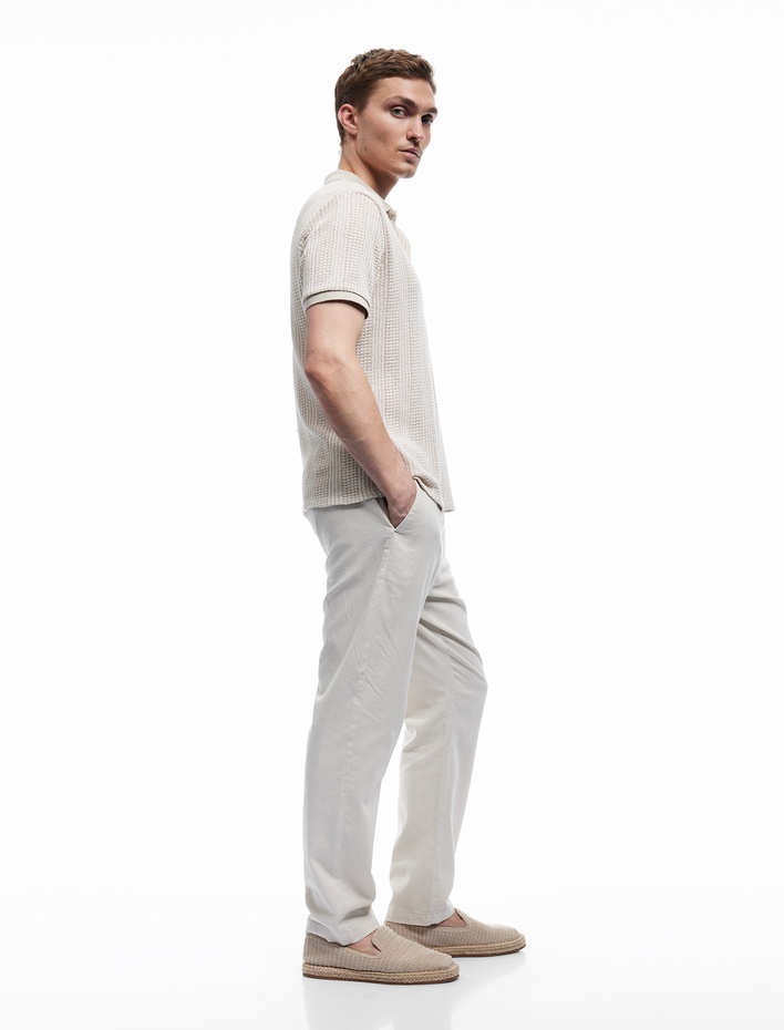  Beli Bağcıklı Cep Detaylı Düğmeli Pileli Keten Pamuk Karışımlı Chino Pantolon