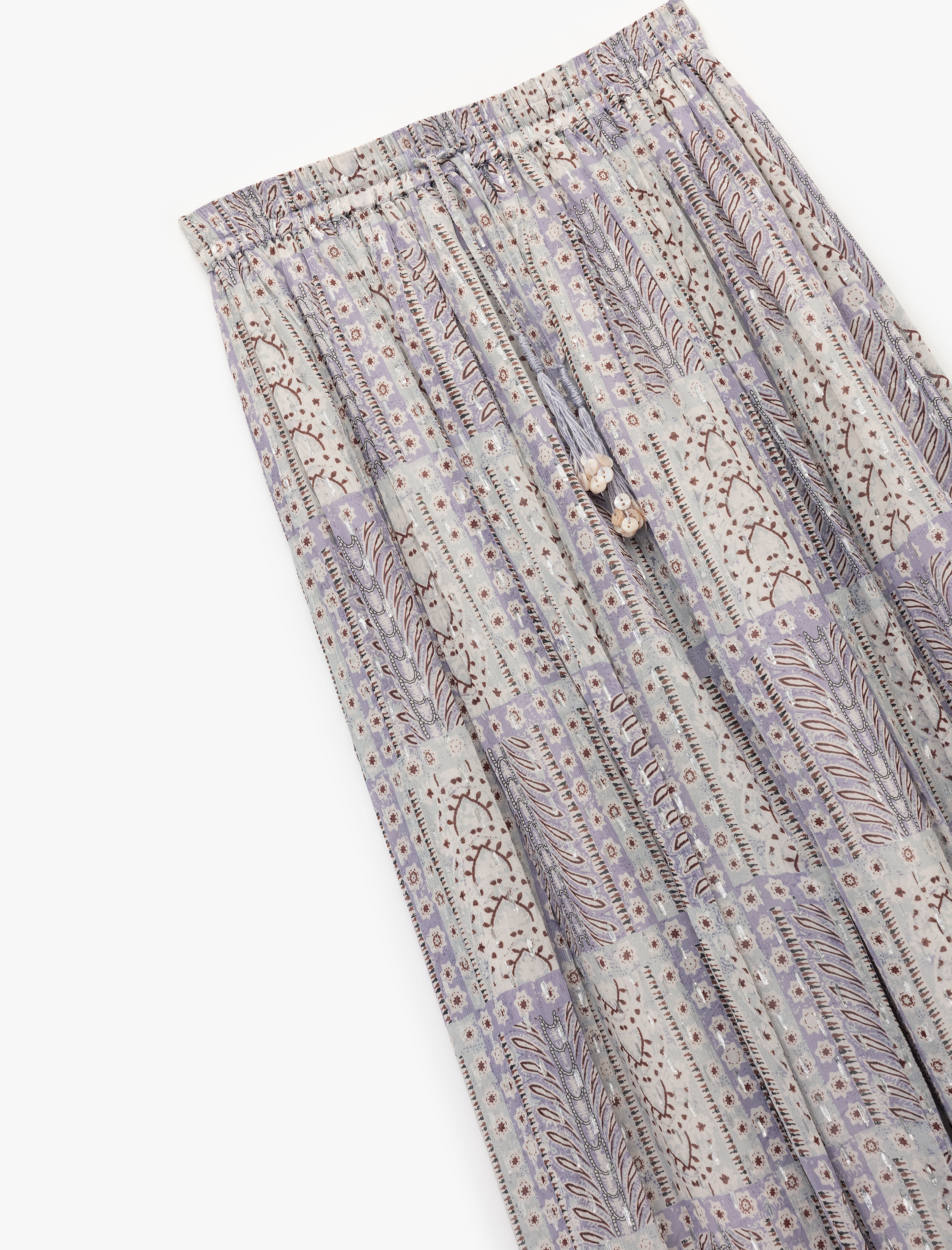   Astarlı Etnik Desenli Yüksek Beli Lastikli Bağlamalı Uzun Şifon Kloş Etek