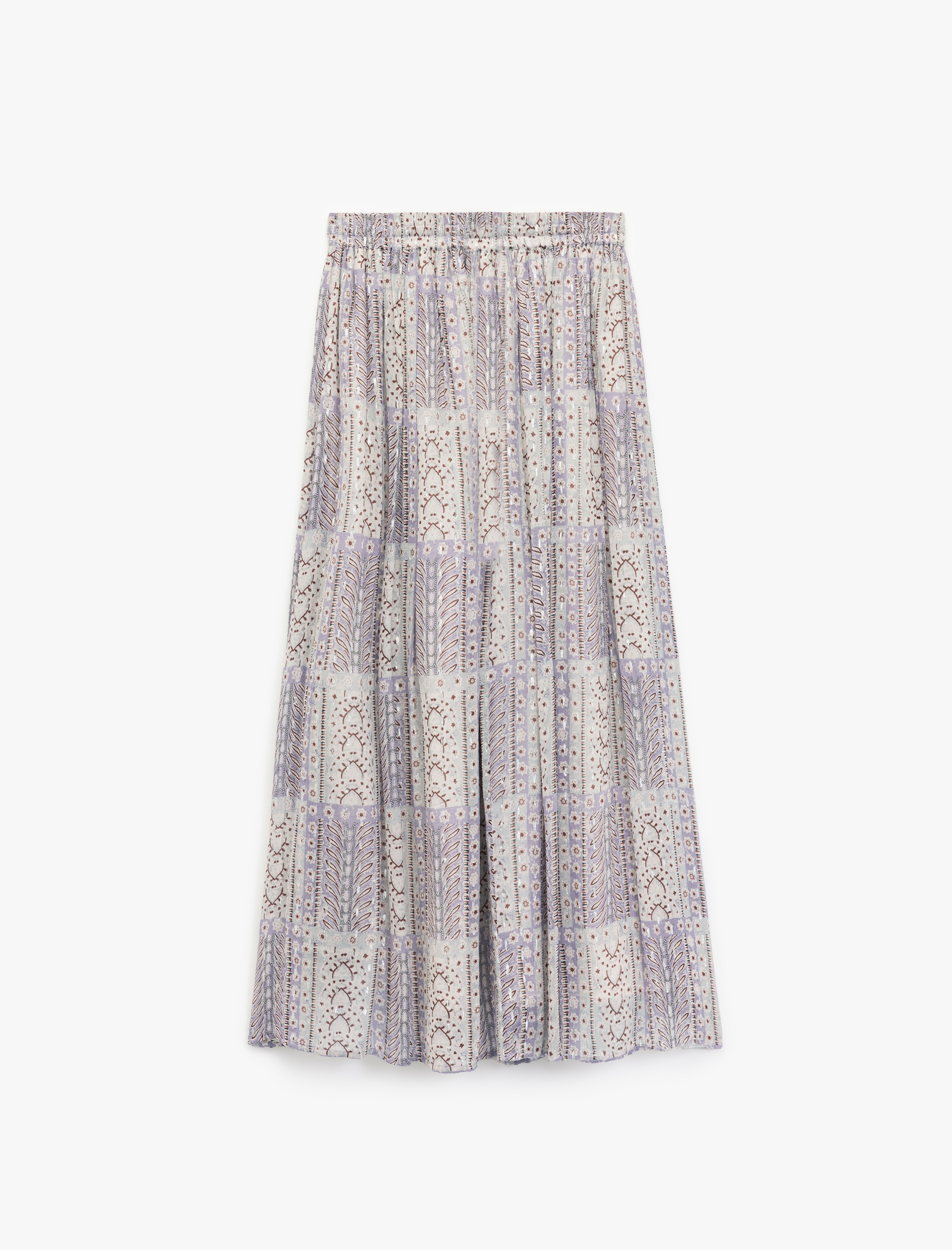   Astarlı Etnik Desenli Yüksek Beli Lastikli Bağlamalı Uzun Şifon Kloş Etek