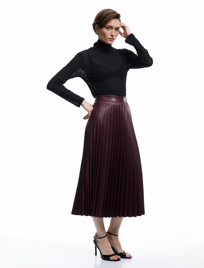 Regular Fit Midi Boy Pileli Midi Boy Suni Deri Etek