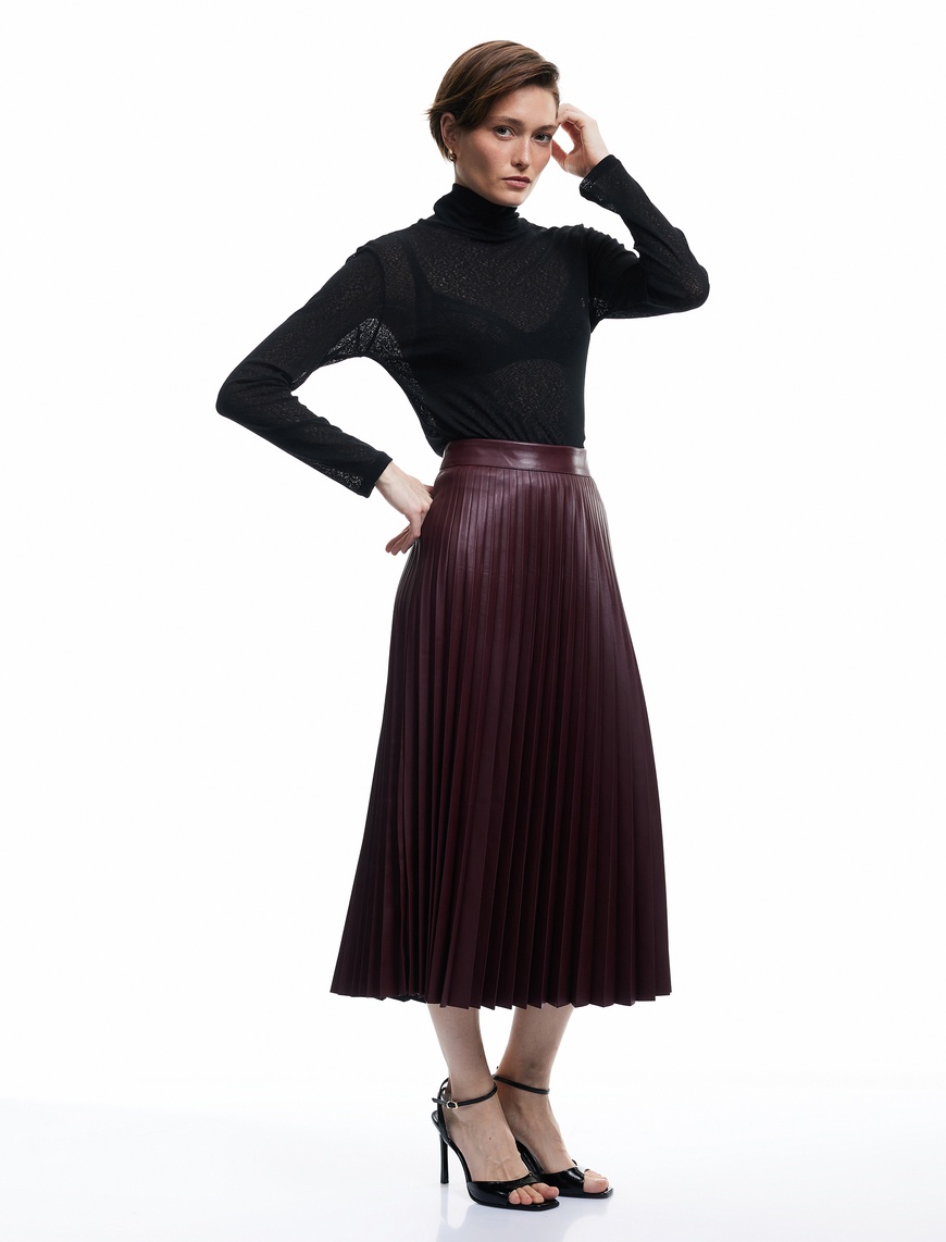   Regular Fit Midi Boy Pileli Midi Boy Suni Deri Etek