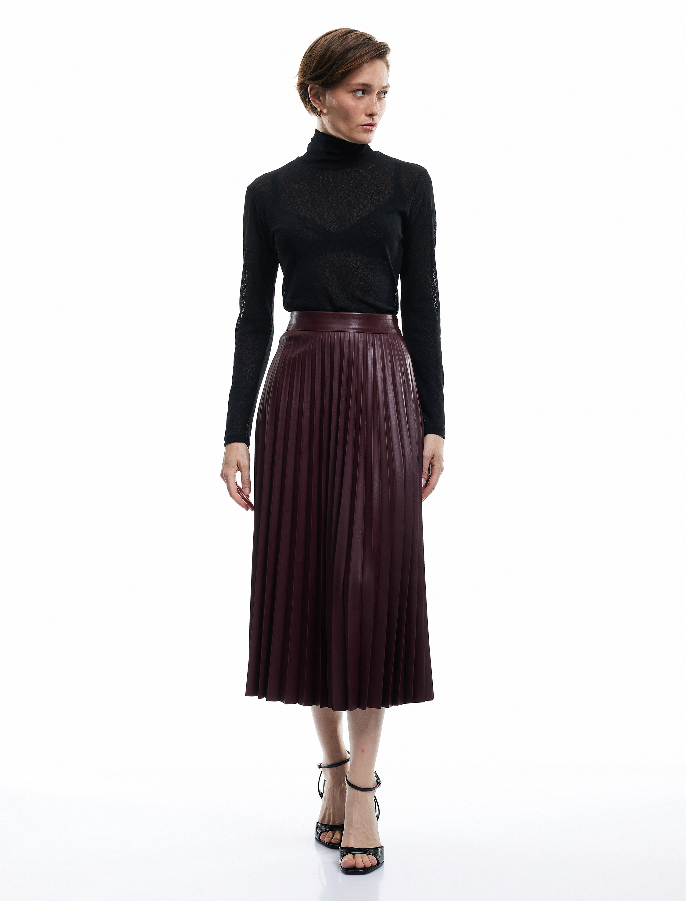   Regular Fit Midi Boy Pileli Midi Boy Suni Deri Etek