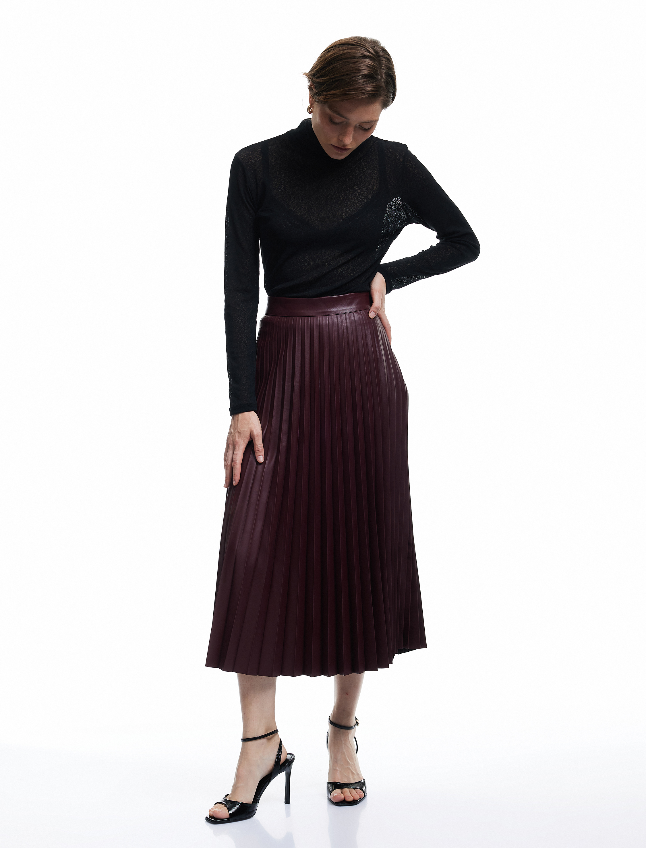   Regular Fit Midi Boy Pileli Midi Boy Suni Deri Etek