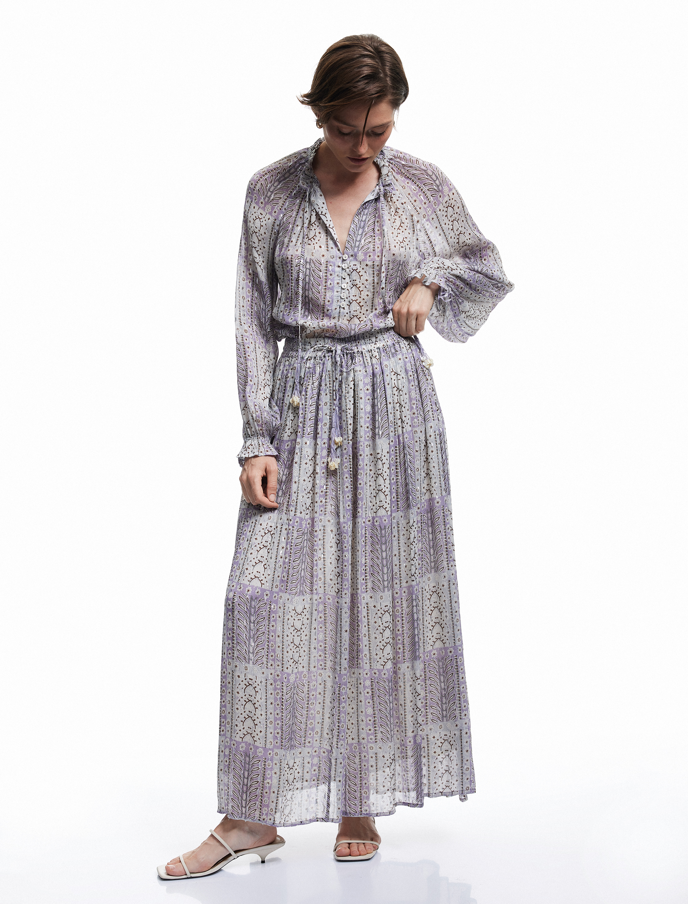   Astarlı Etnik Desenli Yüksek Beli Lastikli Bağlamalı Uzun Şifon Kloş Etek