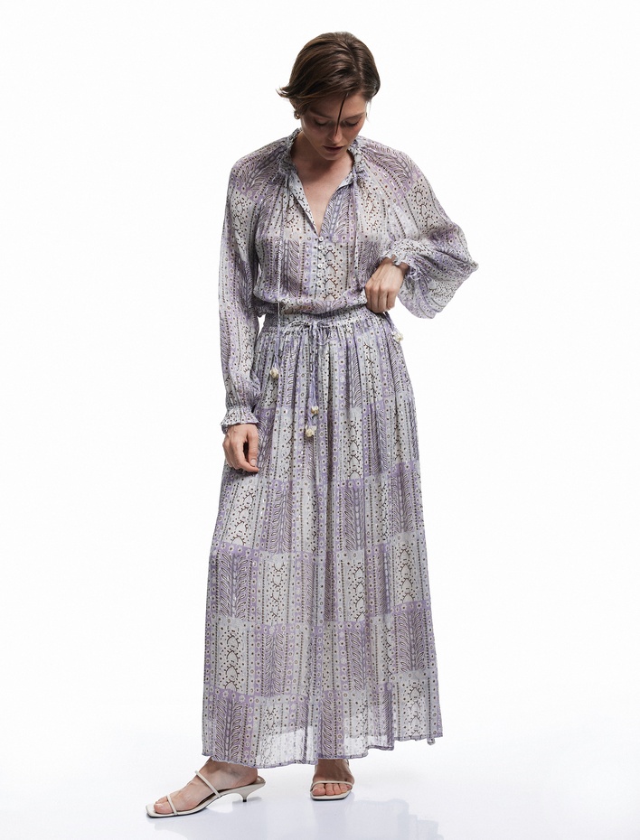  Astarlı Etnik Desenli Yüksek Beli Lastikli Bağlamalı Uzun Şifon Kloş Etek