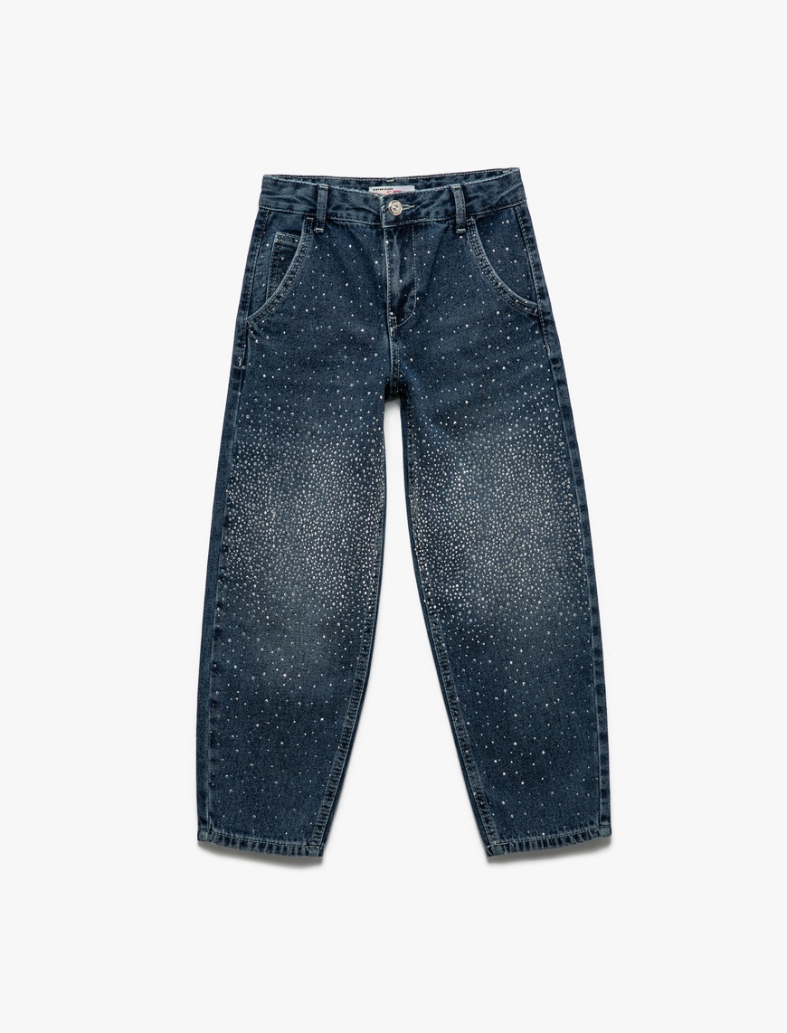  Kız Çocuk Taş Detaylı Pamuklu Rahat Kesim Denim Pantolon