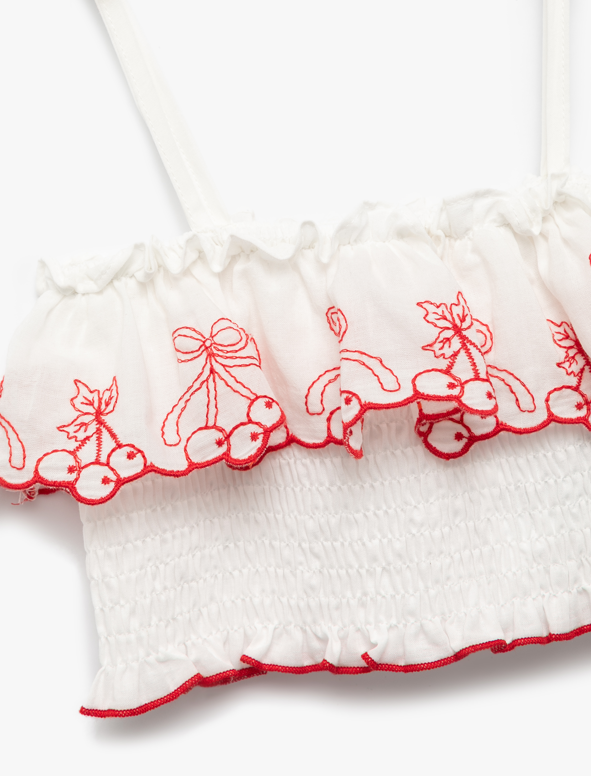  Kız Çocuk Pamuklu İnce Askılı Kiraz Desenli Gipeli Crop Bluz