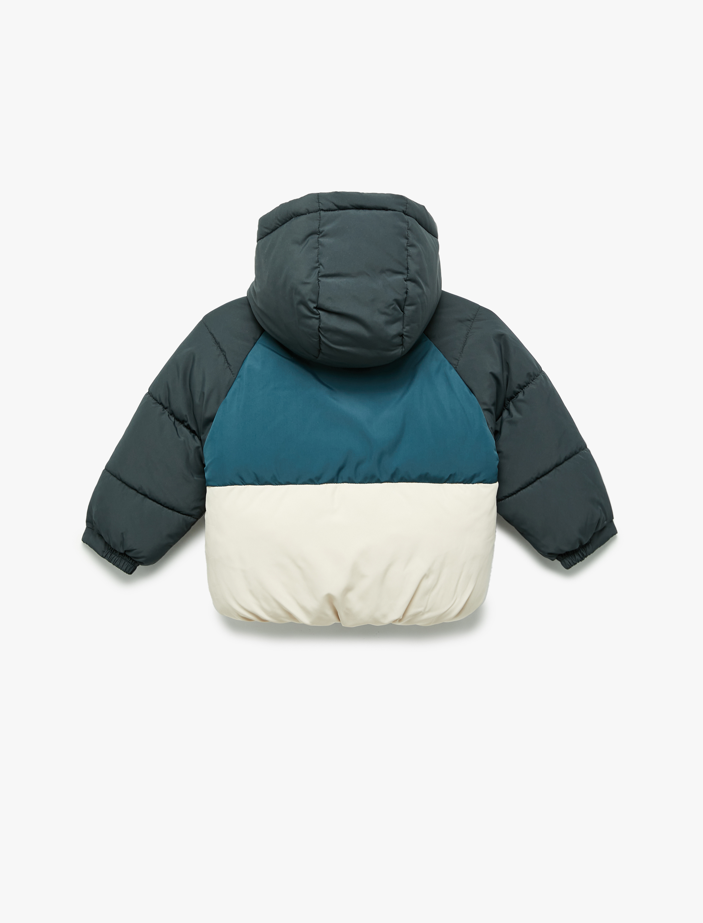  Erkek Bebek Uzun Kollu Kapşonlu Renk Bloklu Pamuk Astarlı Şişme Mont