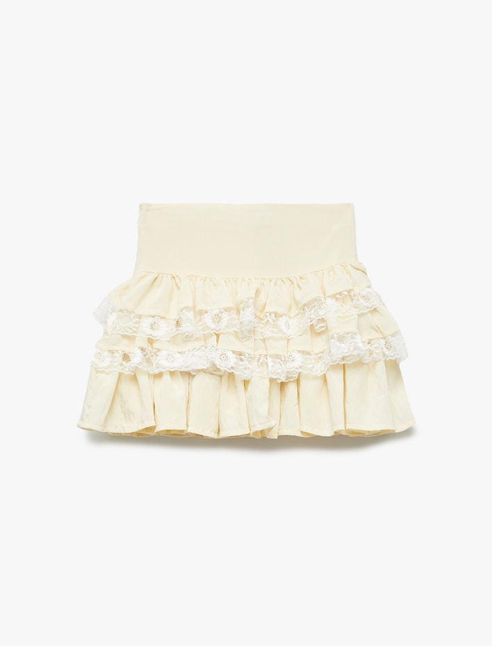 Kız Çocuk Dantel Detaylı Katlı  Volanlı Viskon Etek