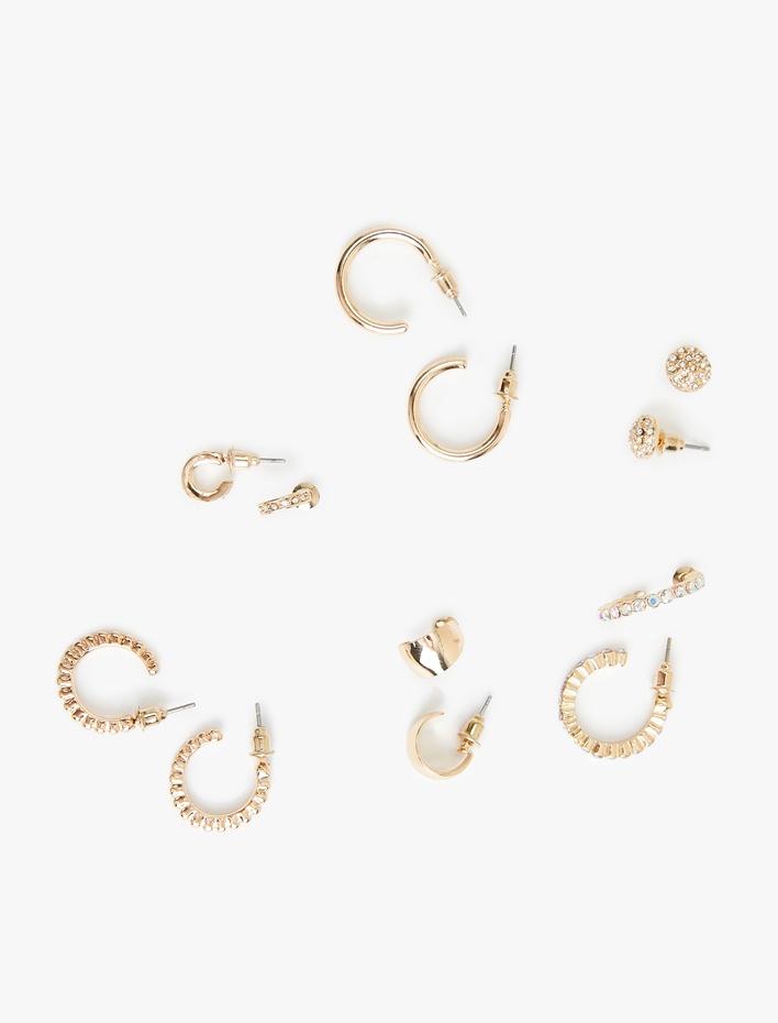 Kadın Çelik Karışımlı Taş Detaylı 6'lı Top ve Halka Küpe Seti