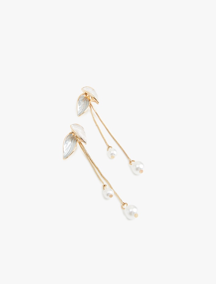 Kadın Çelik Karışımlı Zincirli Sallantılı İnci Detaylı Yaprak Küpe