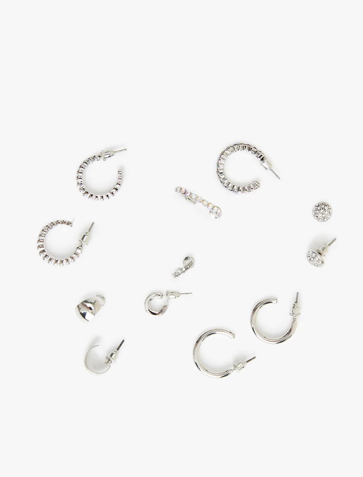 Kadın Çelik Karışımlı Taş Detaylı 6'lı Top ve Halka Küpe Seti