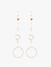 Çelik Karışımlı İnci Detaylı 6'lı Top ve Halka küpe Seti