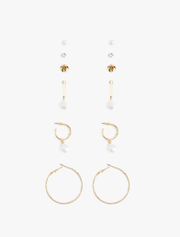 Kadın Çelik Karışımlı İnci Detaylı 6'lı Top ve Halka küpe Seti