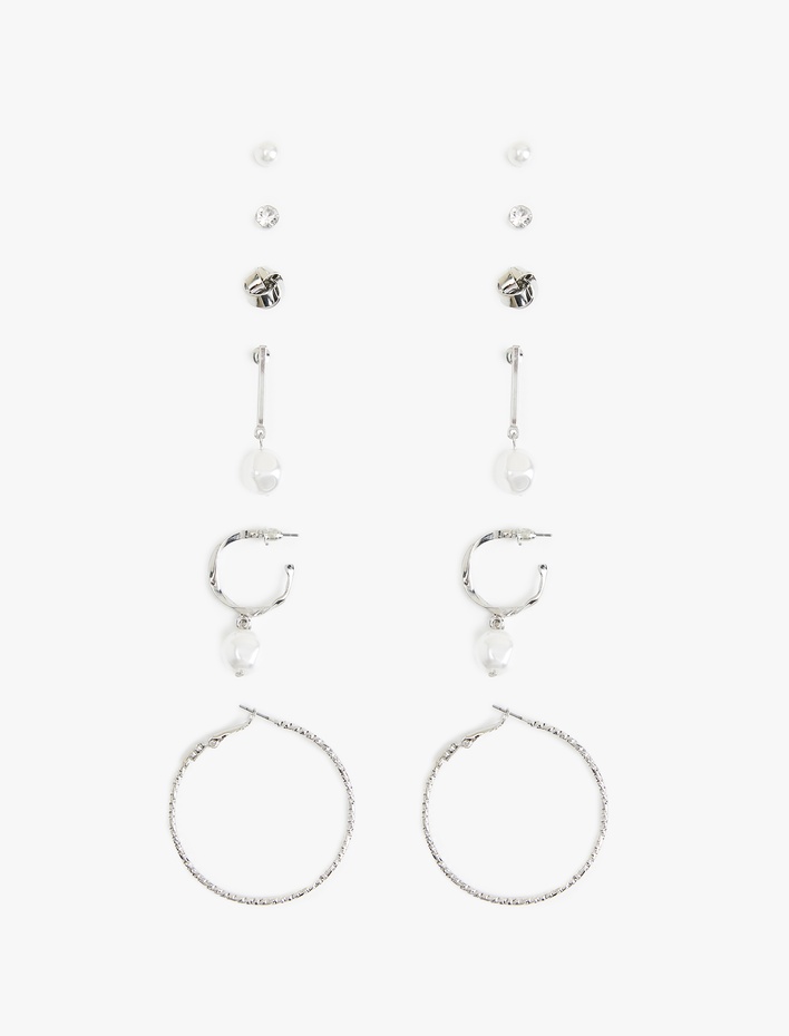 Kadın Çelik Karışımlı İnci Detaylı 6'lı Top ve Halka küpe Seti