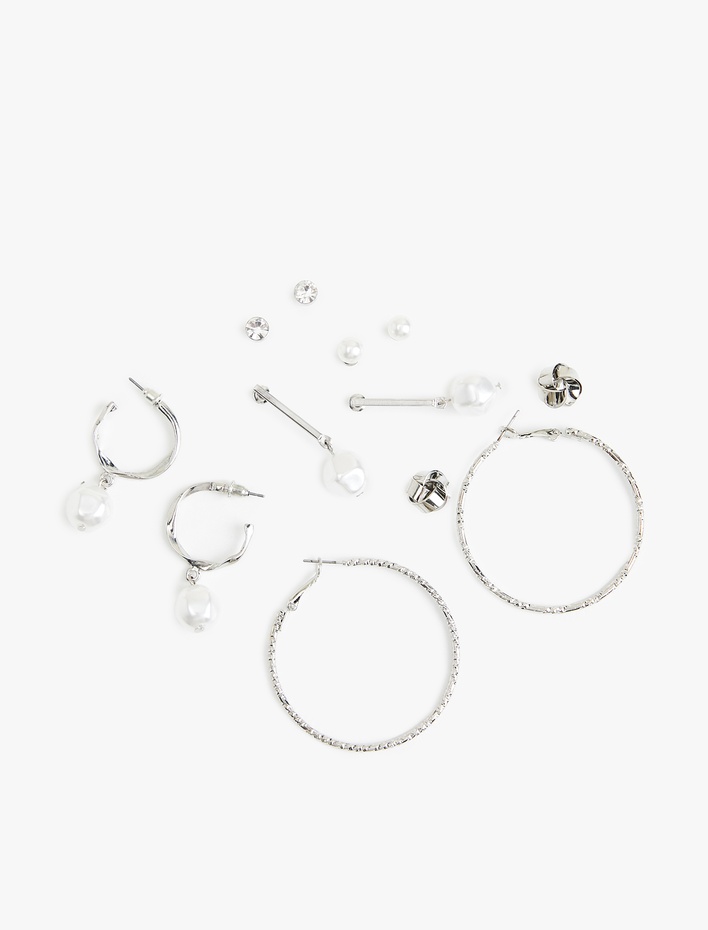 Kadın Çelik Karışımlı İnci Detaylı 6'lı Top ve Halka küpe Seti