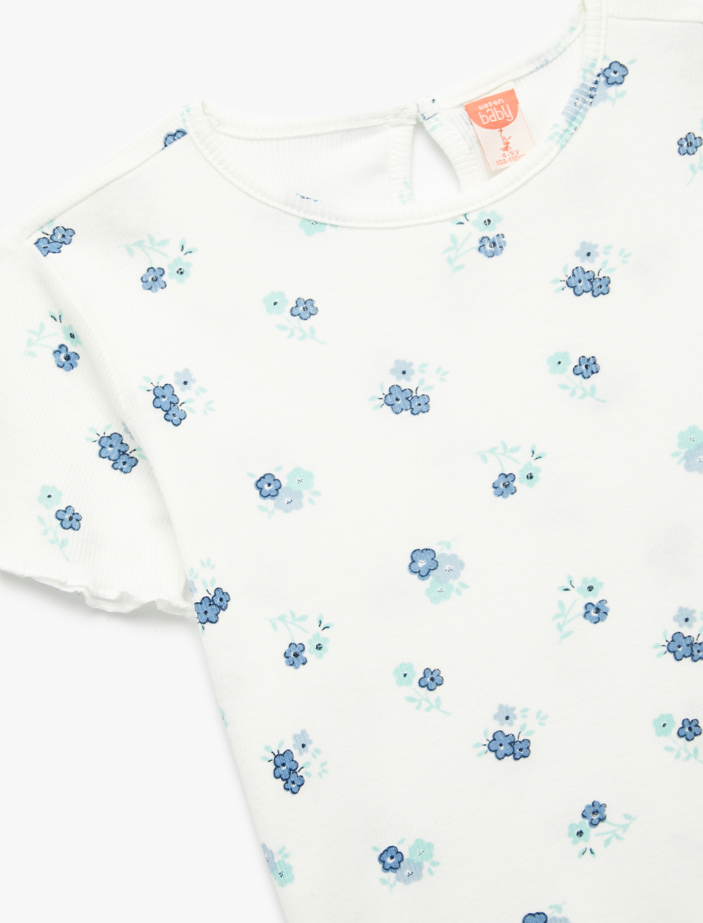  Kız Bebek Çiçek Desenli Bisiklet Yaka Kısa Kollu Pamuklu Tişört