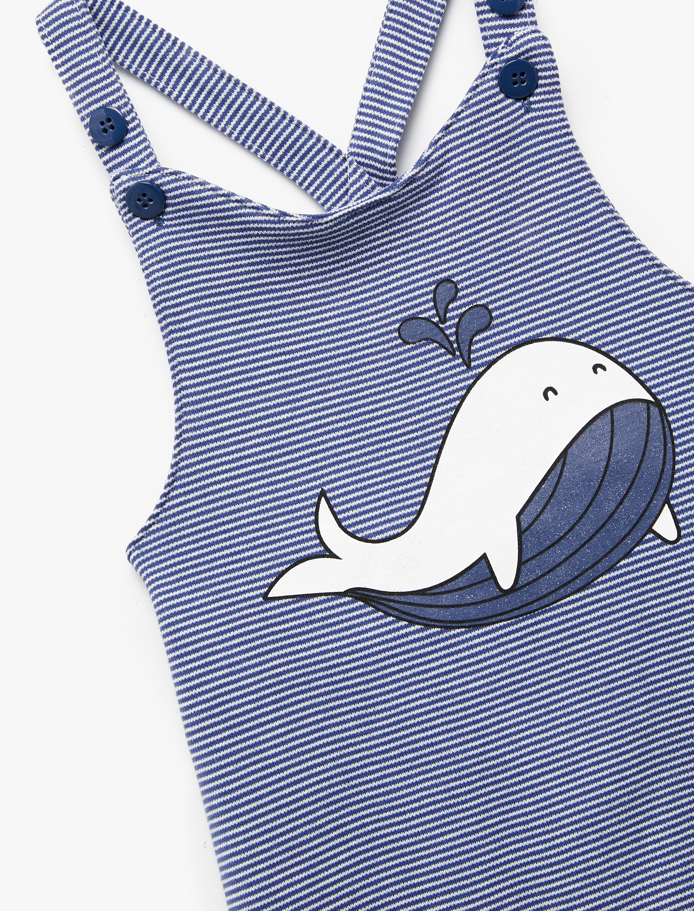  Erkek Bebek Askılı Balina Aplike Detaylı Çizgili Tulum Salopet