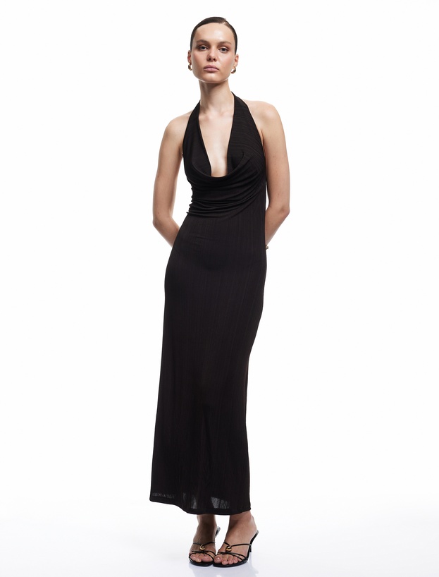 Slim Fit Sırt Dekolteli Derin Degaje Yaka Midi Bodycon Elbise_1