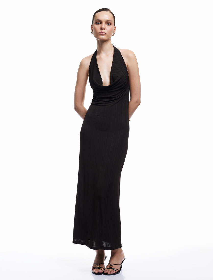  Slim Fit Sırt Dekolteli Derin Degaje Yaka Midi Bodycon Elbise