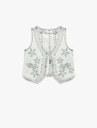 Pamuklu Cep Detaylı V Yaka Çiçekli Crop Denim Yelek