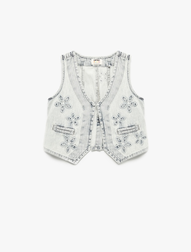 Pamuklu Cep Detaylı V Yaka Çiçekli Crop Denim Yelek_0