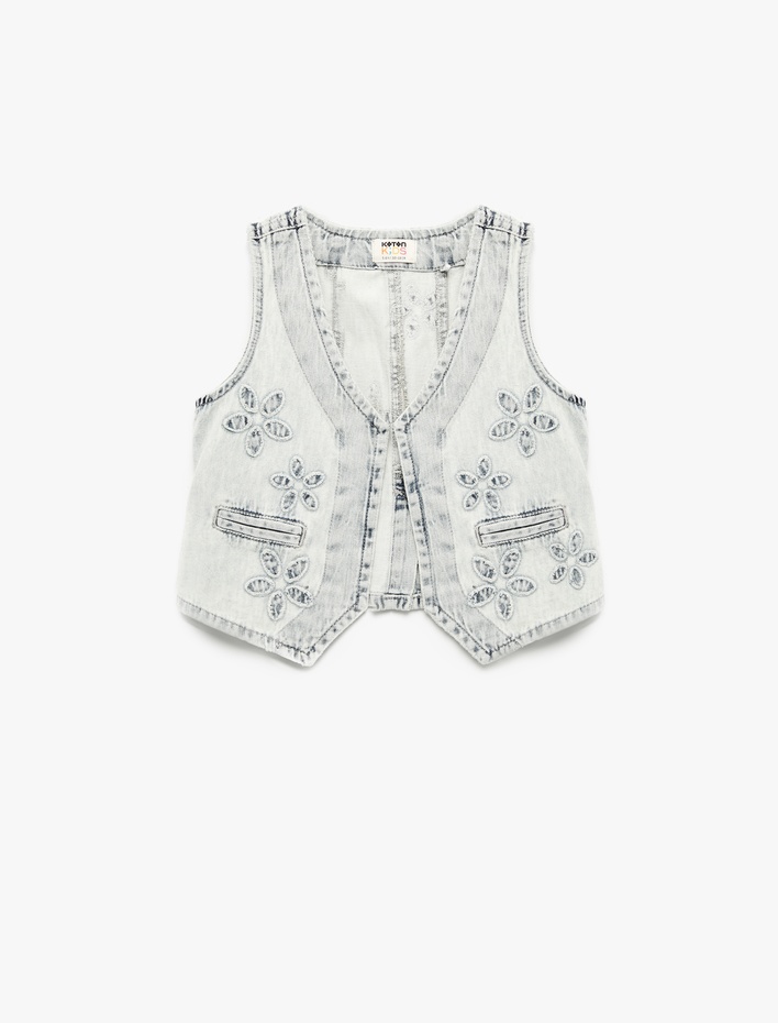 Kız Çocuk Pamuklu Cep Detaylı V Yaka Çiçekli Crop Denim Yelek