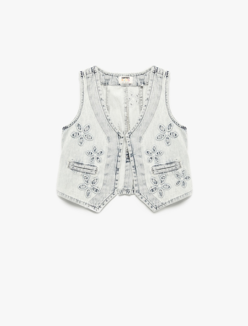 Kız Çocuk Pamuklu Cep Detaylı V Yaka Çiçekli Crop Denim Yelek