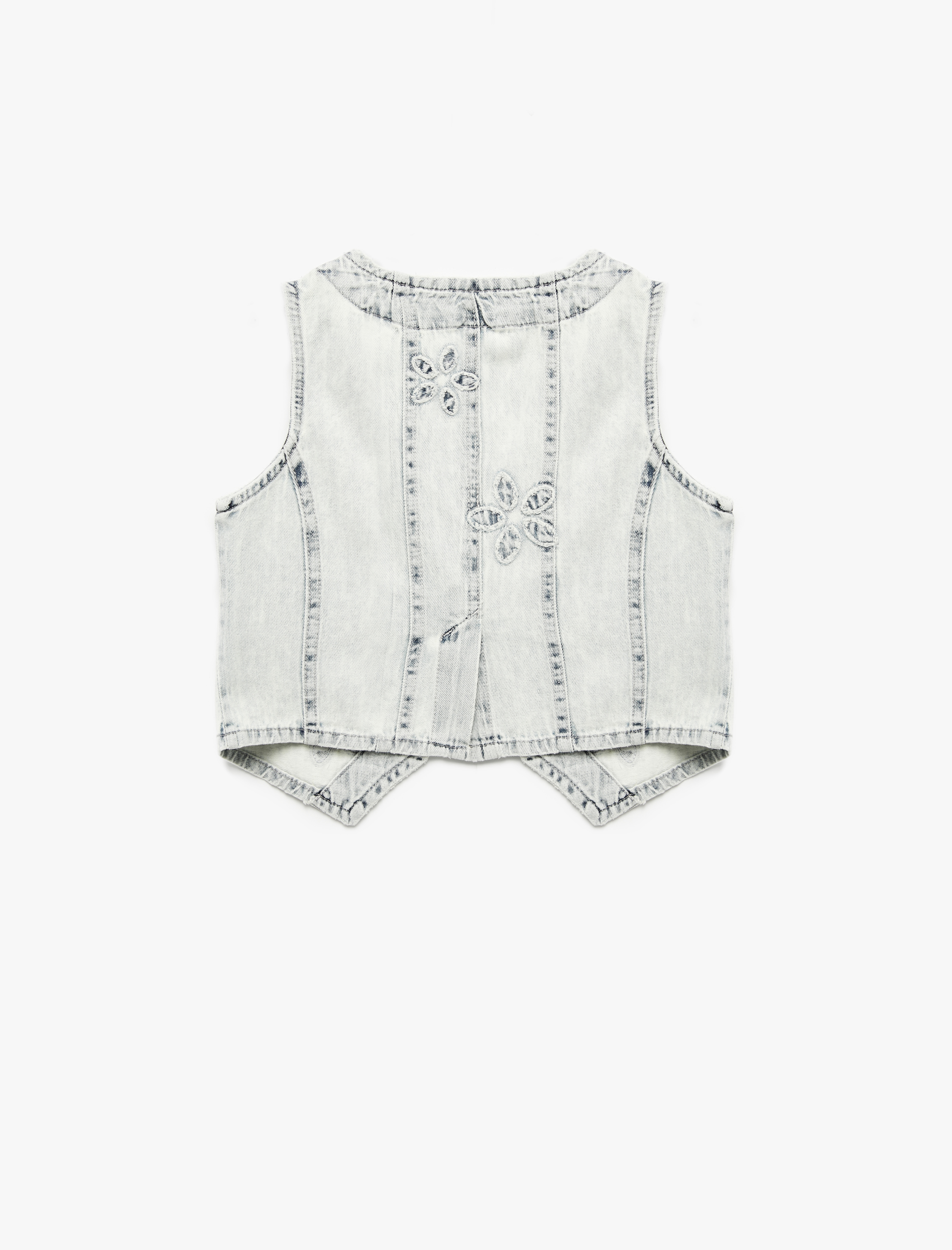  Kız Çocuk Pamuklu Cep Detaylı V Yaka Çiçekli Crop Denim Yelek