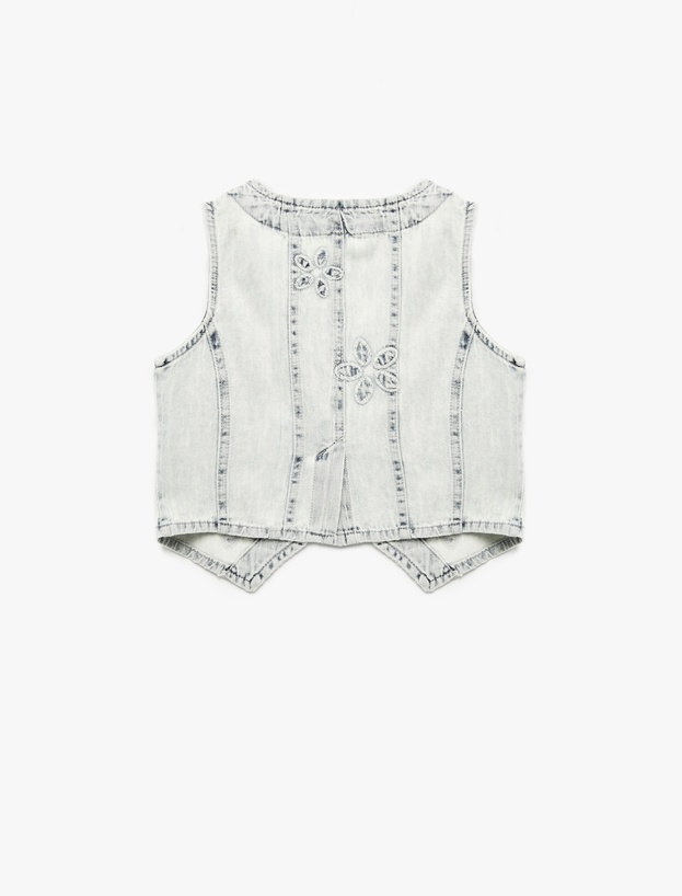 Pamuklu Cep Detaylı V Yaka Çiçekli Crop Denim Yelek_1