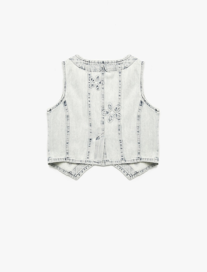 Kız Çocuk Pamuklu Cep Detaylı V Yaka Çiçekli Crop Denim Yelek