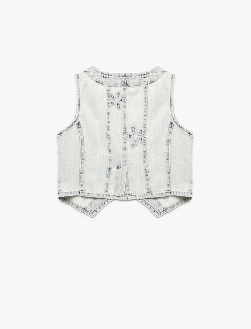  Kız Çocuk Pamuklu Cep Detaylı V Yaka Çiçekli Crop Denim Yelek