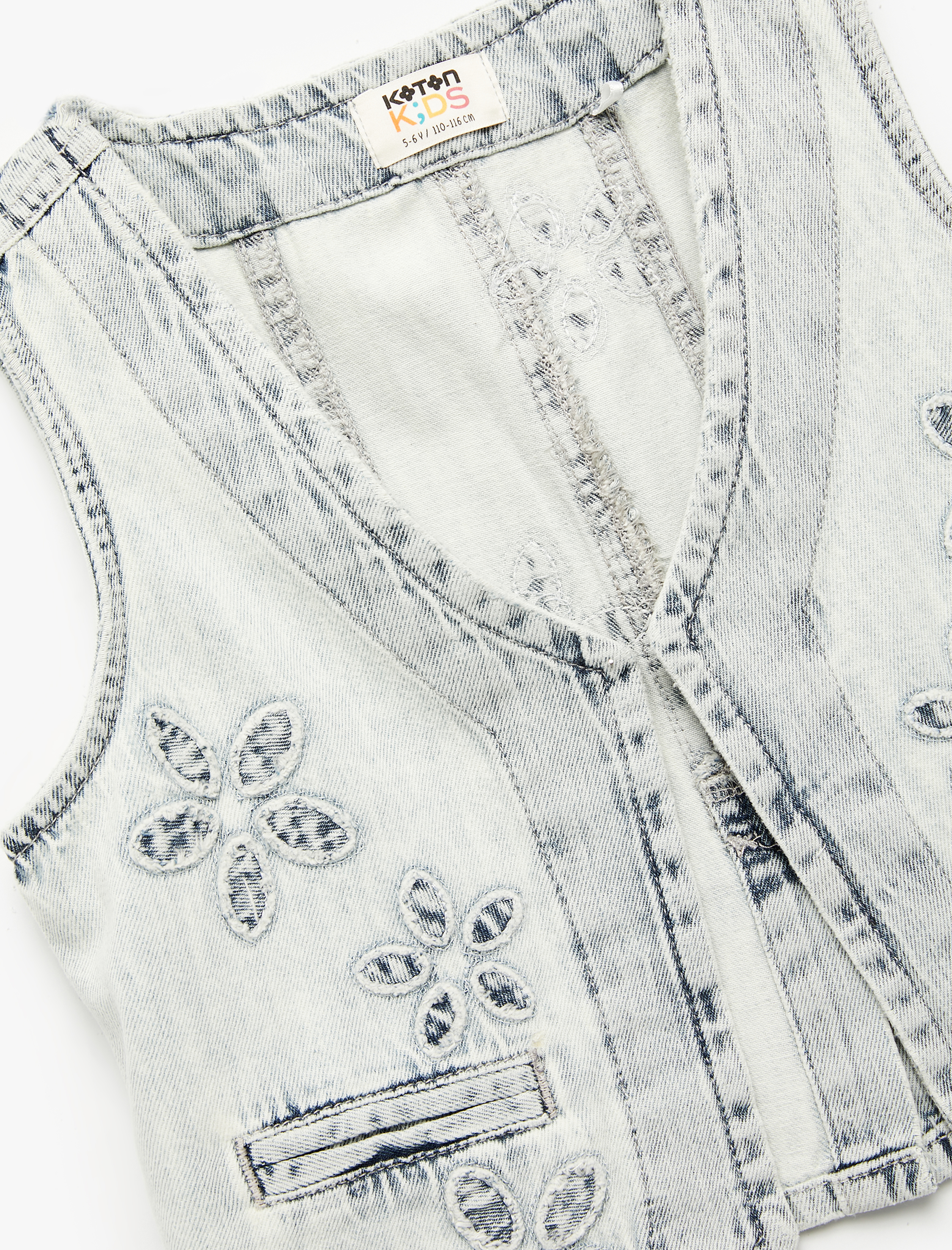  Kız Çocuk Pamuklu Cep Detaylı V Yaka Çiçekli Crop Denim Yelek
