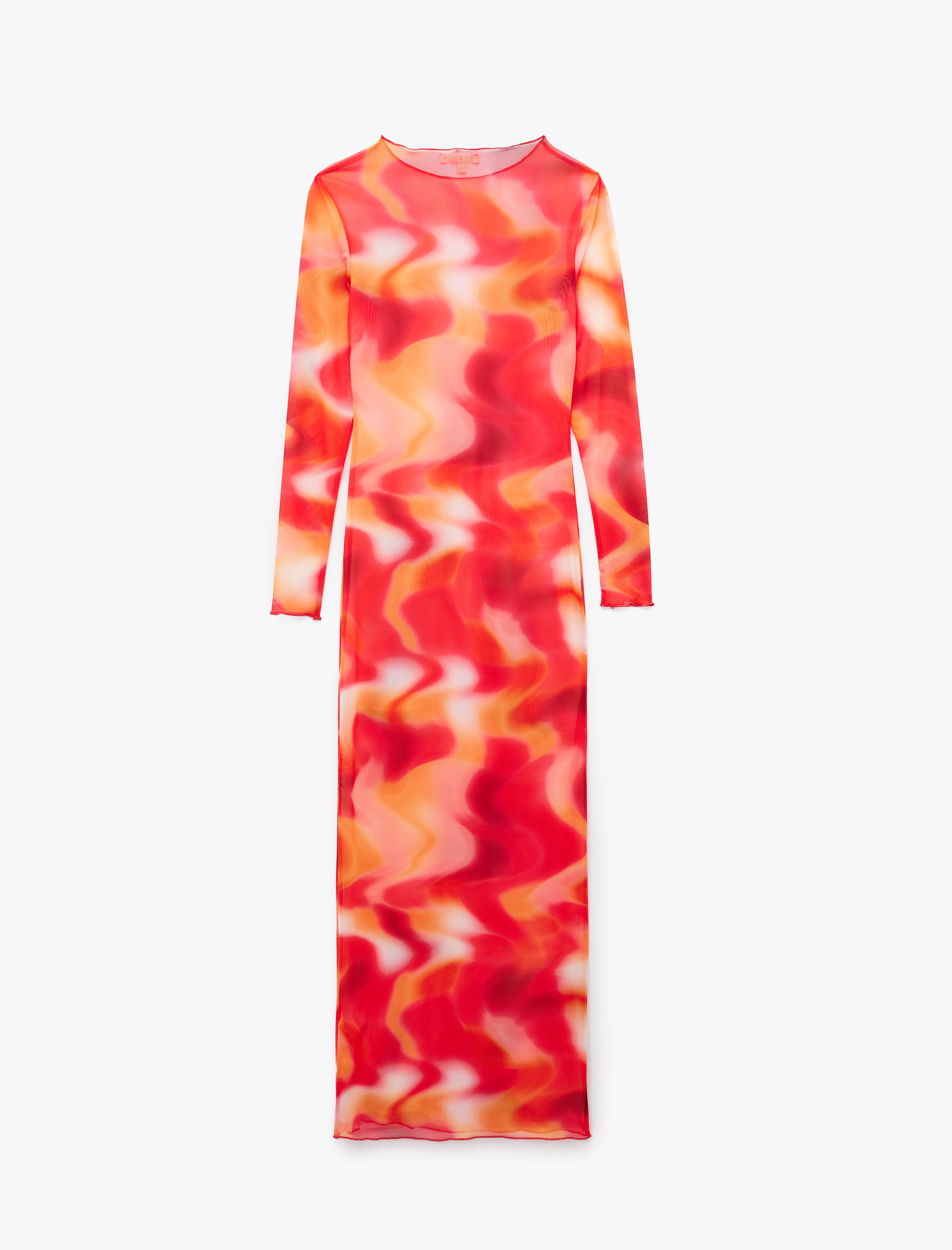   Soyut Desenli Bisiklet Yaka Transparan Uzun Kollu Tül Plaj Elbisesi