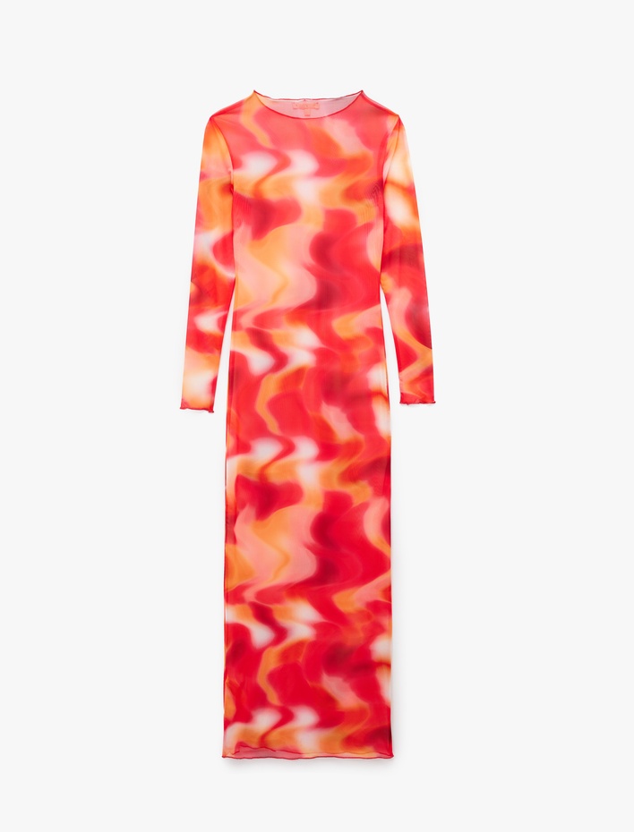  Soyut Desenli Bisiklet Yaka Transparan Uzun Kollu Tül Plaj Elbisesi