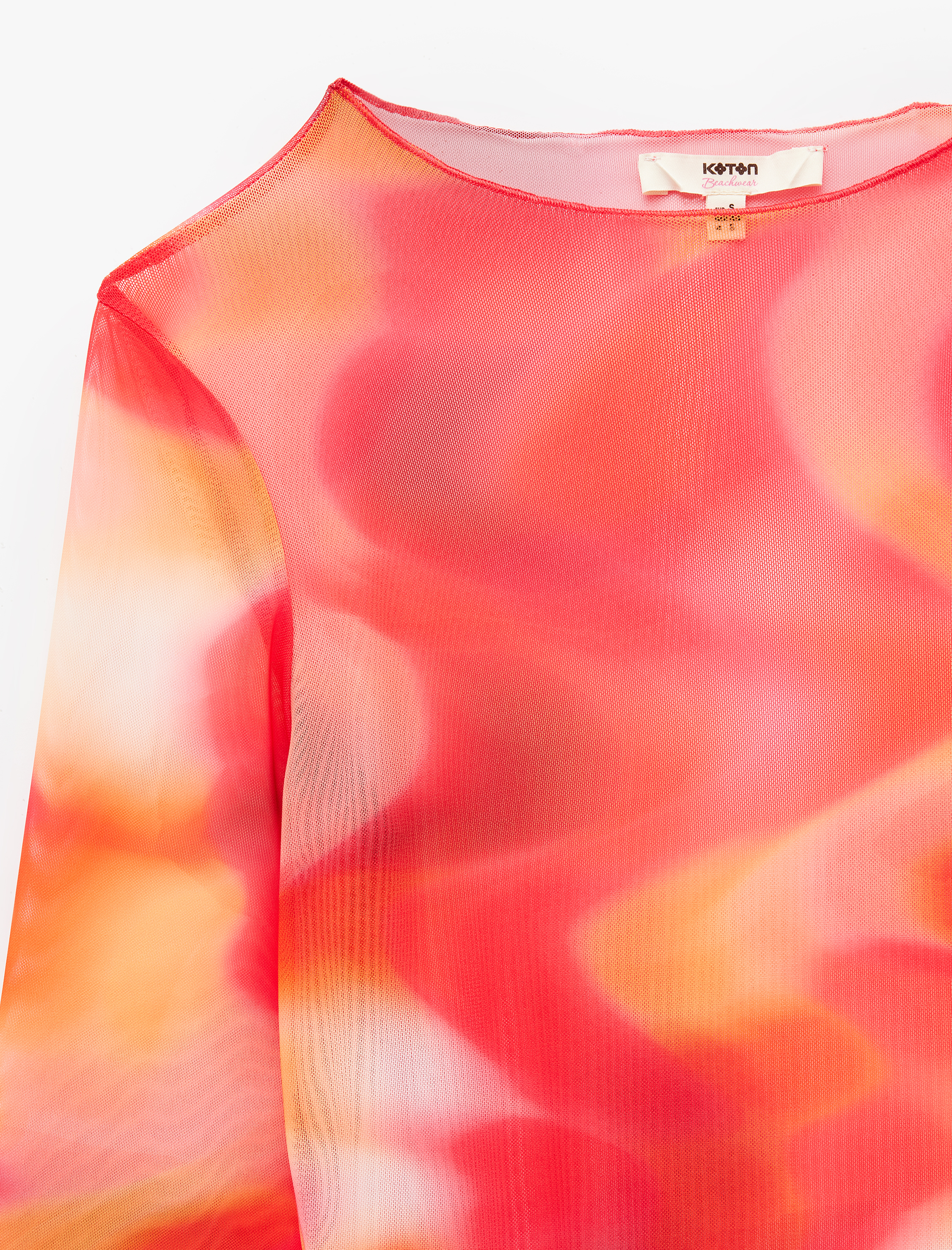   Soyut Desenli Bisiklet Yaka Transparan Uzun Kollu Tül Plaj Elbisesi