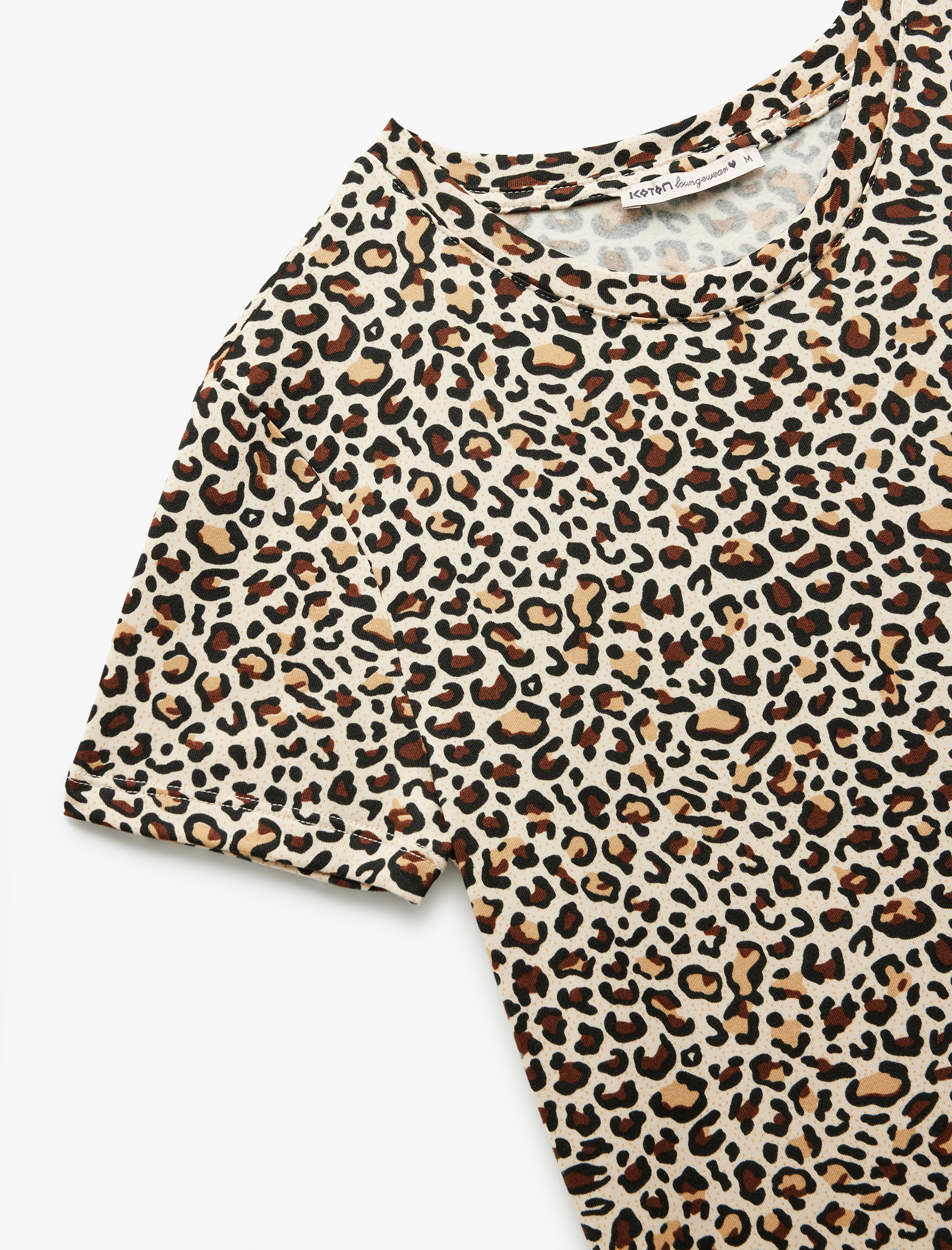   Kısa Kollu Bisiklet Yaka Leopar Desenli Crop Pijama Üstü